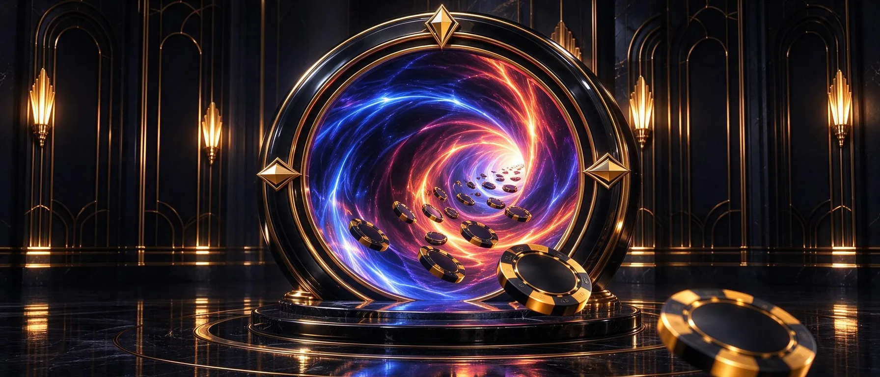 Full-bleed atmospheric backdrop behind the welcome-offer copy: a casino table, live studio or prize scene with quiet, low-detail areas so headline text stays readable; never slot machines or reels. For sportsbook or sports pages choose the matching sport preset (an empty arena, court or rink).